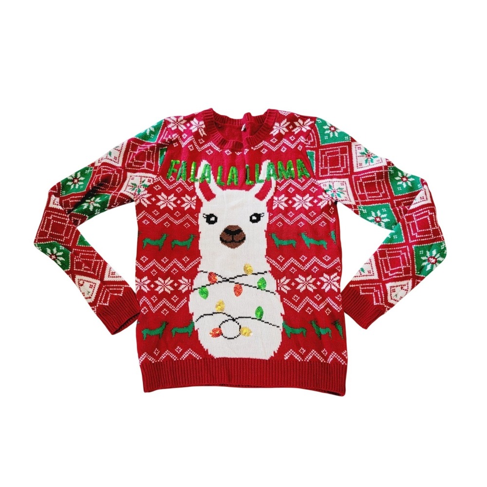 Fa La La La LLama M Holiday‎ Time Llama Red Sweater Beaded NEW